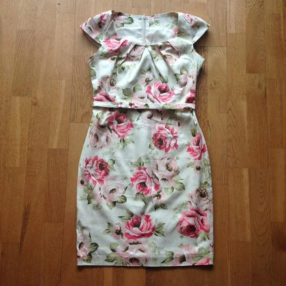 Floral Midi Cap-sleeve Belted Sheath Dress - Picture 1 of 12